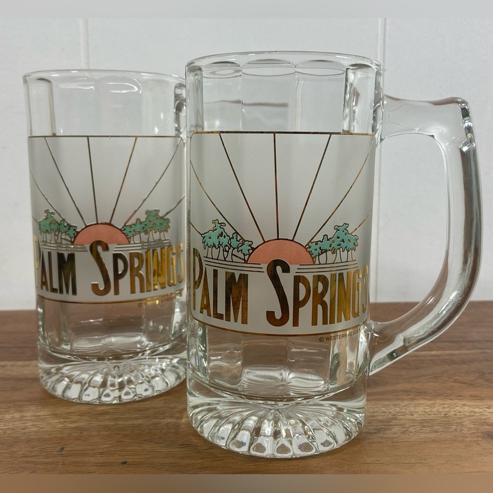 Vintage Palm Springs Art Deco Style Clear Glass Beer Steins Mugs Western Resort